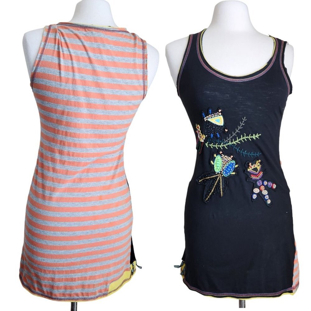 In City Women’s BoHo Tank Top Boutique Size S Affinity Applique Embossed Orange‎